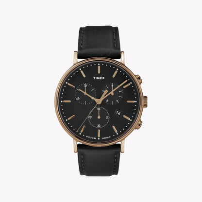 Timex Men's Black Leather Watch, Rose Gold Case | TW2T11600