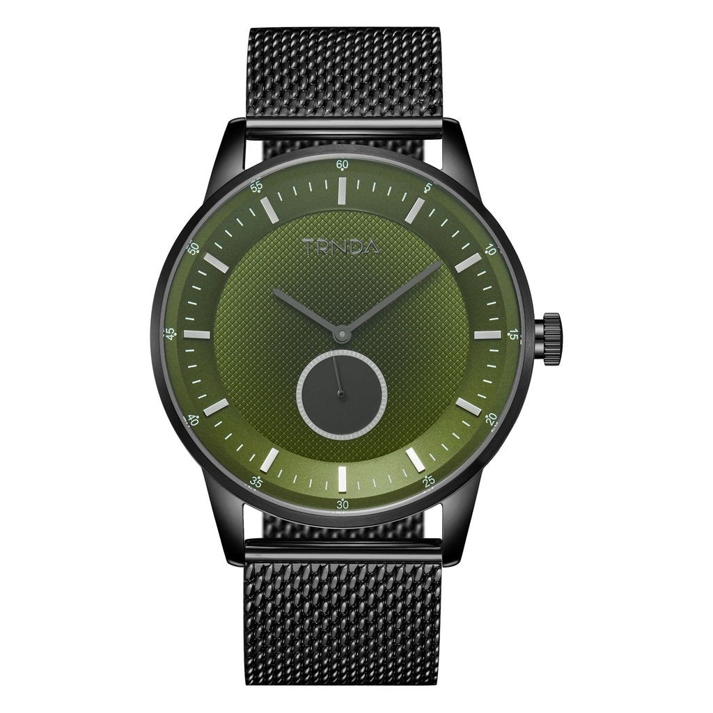 TRNDA Men's Black Stainless Steel Watch, Seaweed Green Dial | TRN-43MM
