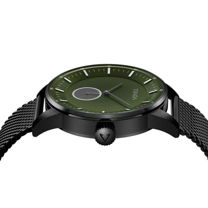 TRNDA Men's Black Stainless Steel Watch, Seaweed Green Dial | TRN-43MM