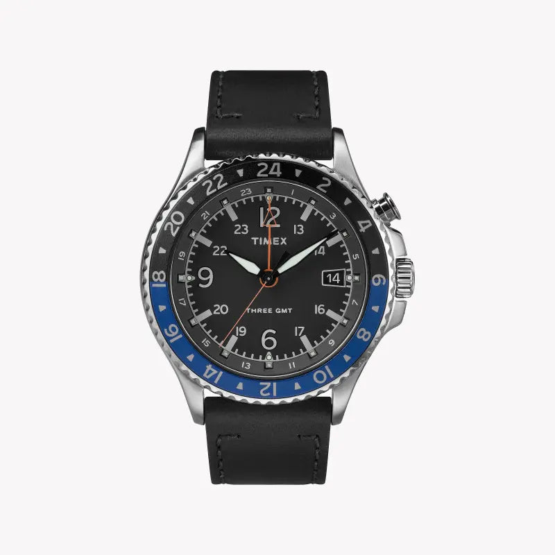 Timex Men's Black Leather Watch, Black Dial | TW2R43600