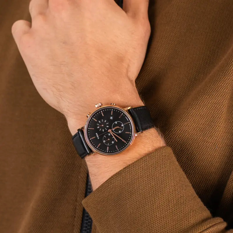 Timex Men's Black Leather Watch, Rose Gold Case | TW2T11600