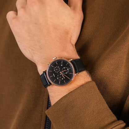Timex Men's Black Leather Watch, Rose Gold Case | TW2T11600