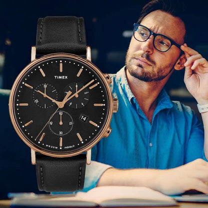 Timex Men's Black Leather Watch, Rose Gold Case | TW2T11600